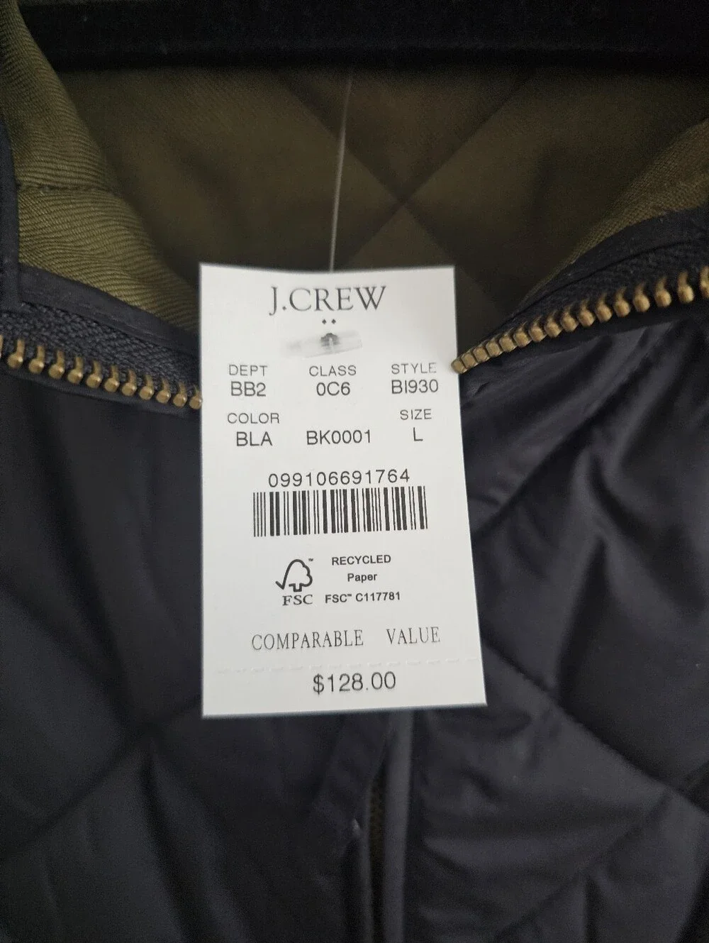 J.Crew Authentic Outerwear Quilted Vest Black | Men's Large | NWT